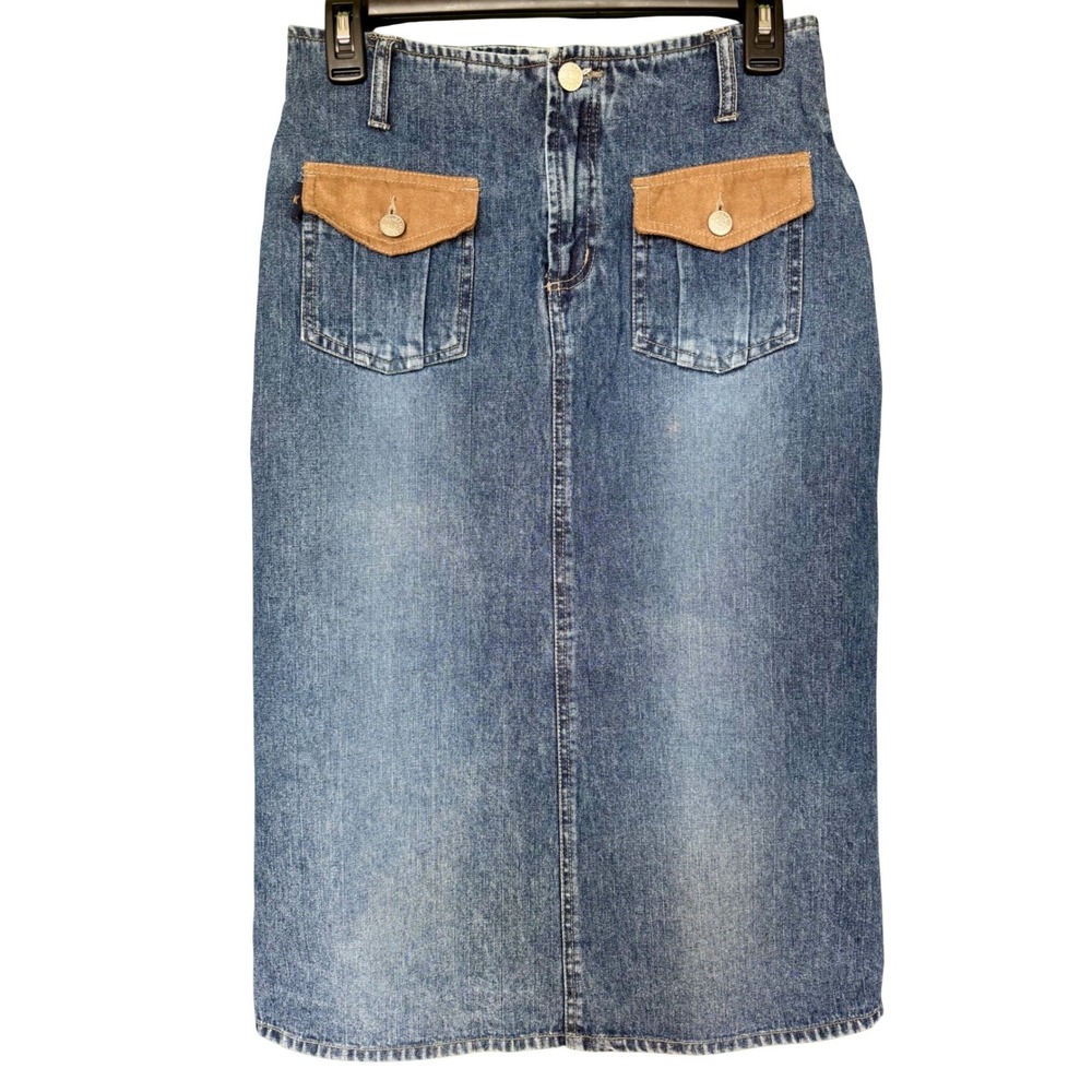 Squeeze New York Vintage Denim Midi Skirt Blue Medium Wash Suede Trim Juniors